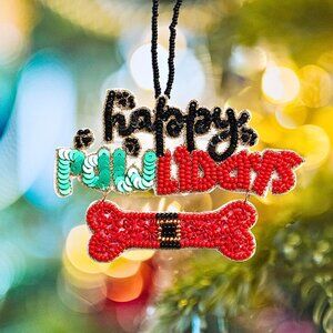 SET OF 2 NEW India Artisan Made Dog Cats Pet Lovers Beaded Sequin Xmas Ornaments